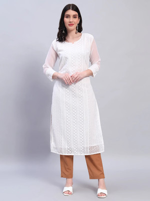 HouseOfCommon Women Chikan Embroidery A-line Kurta(White)