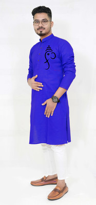 Rainbow Cloths Men Printed Straight Kurta(Blue)