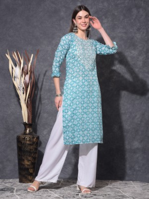 Mamoose Women Self Design Straight Kurta(Light Blue)