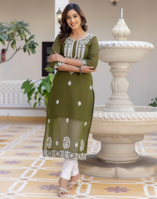 Anmi Embroidered Women Straight Kurta(Dark Green)