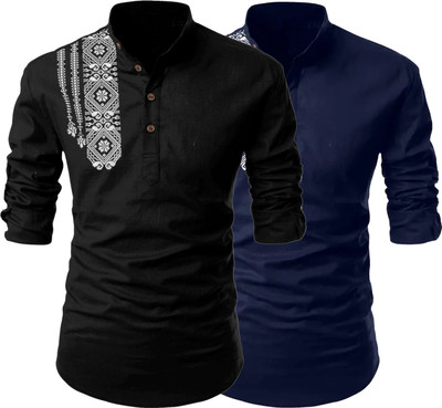 Kavyangle Creation Men Printed Straight Kurta(Black, Light Blue)