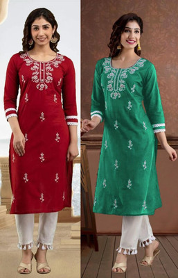 vikshi Women Chikan Embroidery Straight Kurta(Multicolor)