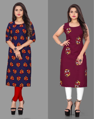 Hiral Creation Women Floral Print Straight Kurta(Maroon, Blue)