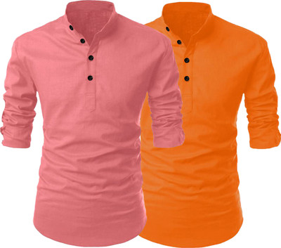 LIRMO Men Solid Straight Kurta(Pink, Orange)
