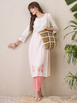 Indo Era Women Floral Print Straight Kurta(White)