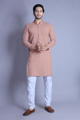 ALMORA Men Self Design A-line Kurta(Pink)