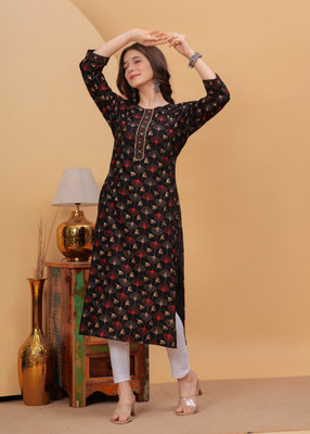DAEVISH K Women Self Design Straight Kurta(Black)