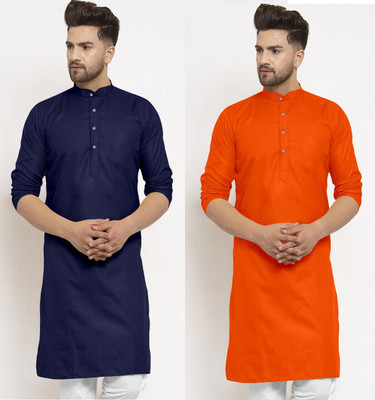 JENZEE Fashion Men Solid Straight Kurta(Dark Blue, Orange)