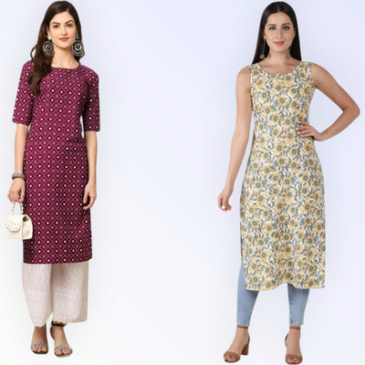 KAUTAQI Women Printed, Striped Straight Kurta(Multicolor)