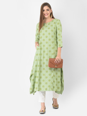 Span Women Self Design A-line Kurta(Green)