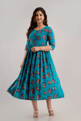 HouseOfCommon Women Printed Flared Kurta(Light Blue)