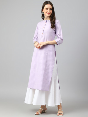 Fourleaf Women Striped Straight Kurta(Purple, White)