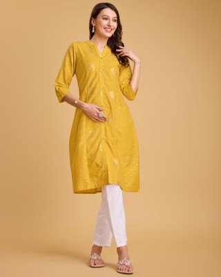 BESHASTUDIO Women Embroidered A-line Kurta(Yellow)