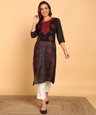 TOP N THREAD Women Chikan Embroidery, Embroidered, Self Design A-line Kurta(Black)