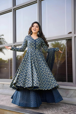 MISS CLOTHING Women Printed Flared Kurta(Blue)