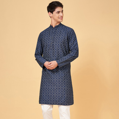 Indus Route by Pantaloons Men Printed Straight Kurta(Blue)