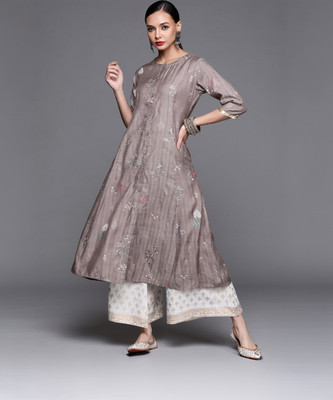 LIBAS Women Floral Print A-line Kurta(Grey)