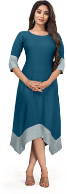 HouseOfCommon Women Solid Asymmetric Kurta(Blue)