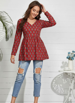 Taranjal Women Floral Print Flared Kurta(White)