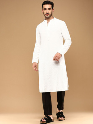 Sangria Men Floral Print Straight Kurta(White)