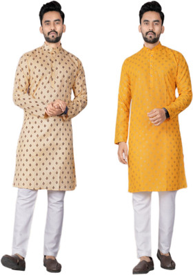 DHASU TRENDZ Men Printed Straight Kurta(Beige, Yellow)