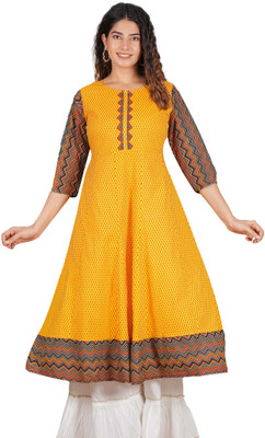 AKIKO Women Floral Print Flared Kurta(Yellow)