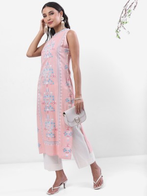 Vishudh Women Printed Straight Kurta(Pink)