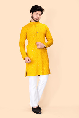 DIAMOND CLUTSER Men Chikan Embroidery Straight Kurta(Yellow)