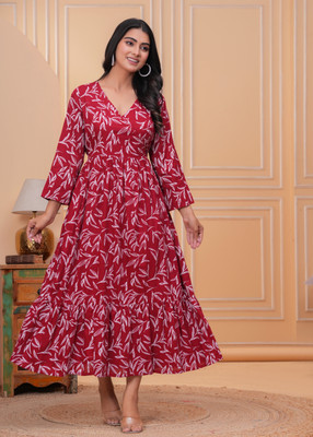 Khejal Women Fit and Flare Maroon Maxi/Full Length Dress