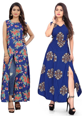 Hiral Creation Women Printed, Polka Print Frontslit Kurta(Blue)