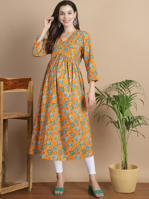 Secret Wish Women Floral Print A-line Kurta(Orange)