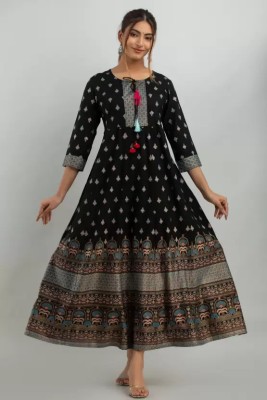 MobilePlaza Women Printed Anarkali Kurta(Black)