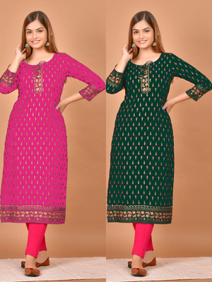 Avnigarments Women Printed, Embroidered A-line Kurta(Pink, Green)
