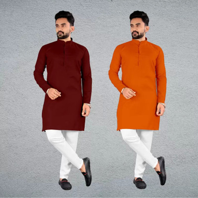HOC's Men Solid Straight Kurta(Maroon, Orange)