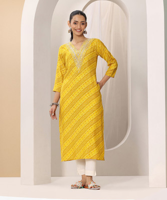 LIBAS Women Printed Straight Kurta(Yellow)