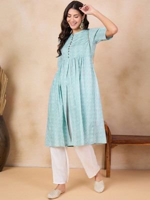 ANOUK Women Floral Print A-line Kurta(Green)