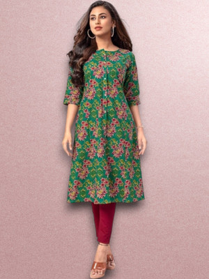 ABHI FAB Women Printed Straight Kurta(Green)
