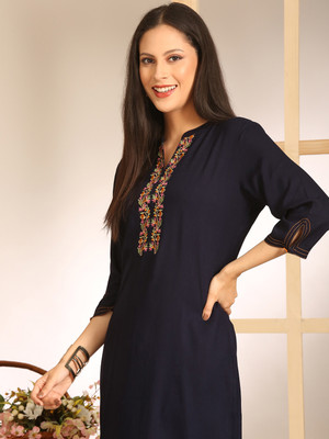 ANOUK Women Embroidered Straight Kurta(Dark Blue)