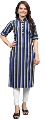 FABTOWN Women Striped Frontslit Kurta(Blue)