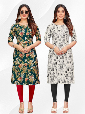 Nitya Trends Women Printed Straight Kurta(Green, White)