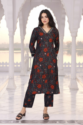W Women Floral Print Straight Kurta(Black)
