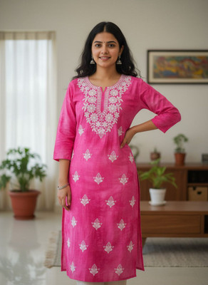 Crystalic Shop Women Embroidered, Solid, Embellished Straight Kurta(Pink)