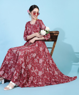 Gulmohar Jaipur Women Printed Flared Kurta(Maroon)
