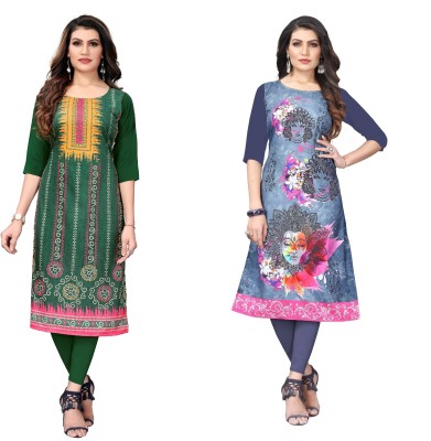 Sanskruti Fashion Women Printed A-line Kurta(Green, Grey)