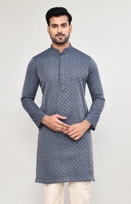 POLY2FAB Men Embroidered Straight Kurta(Grey, Dark Blue)