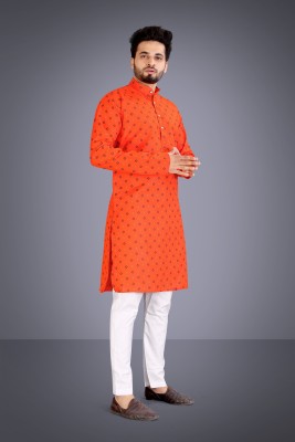 SATNAM Men Printed Straight Kurta(Orange, Black)