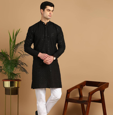 CHIRASVI Men Chikan Embroidery Straight Kurta(Black)