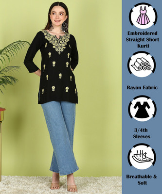 TOP N THREAD Women Chikan Embroidery, Embroidered, Self Design A-line Kurta(Black)