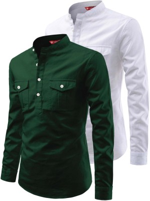 Yugnik Men Solid A-line Kurta(Green, White)