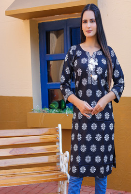 Ewedoos Women Printed A-line Kurta(Black)